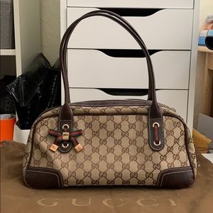 Gucci logo signature canvas fabric brown tan bag